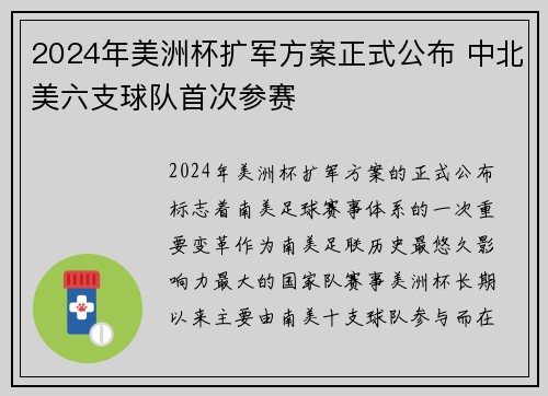 2024年美洲杯扩军方案正式公布 中北美六支球队首次参赛